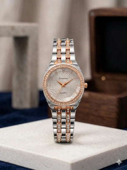Essential Women's Quartz Watch Diamond Bezel and Spiral Radial Dial Pattern Premium Quality Ladies Watch Stainless Steel For Girl's