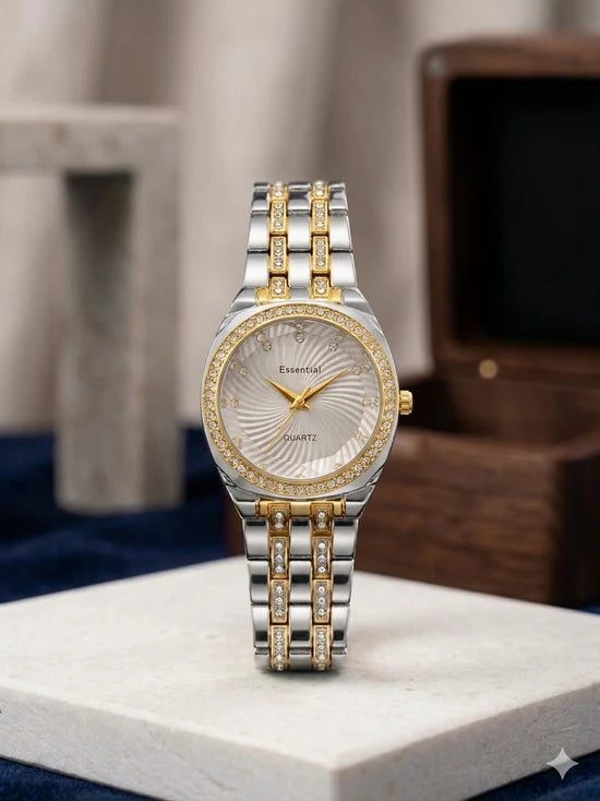 Essential Women's Quartz Watch Diamond Bezel and Spiral Radial Dial Pattern Premium Quality Ladies Watch Stainless Steel For Girl's