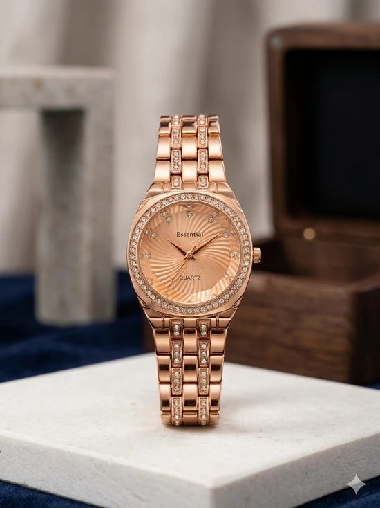 Essential Women's Quartz Watch Diamond Bezel and Spiral Radial Dial Pattern Premium Quality Ladies Watch Stainless Steel For Girl's