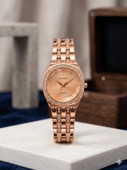 Essential Women's Quartz Watch Diamond Bezel and Spiral Radial Dial Pattern Premium Quality Ladies Watch Stainless Steel For Girl's