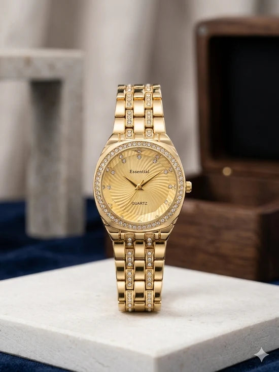 Essential Women's Quartz Watch Diamond Bezel and Spiral Radial Dial Pattern Premium Quality Ladies Watch Stainless Steel For Girl's
